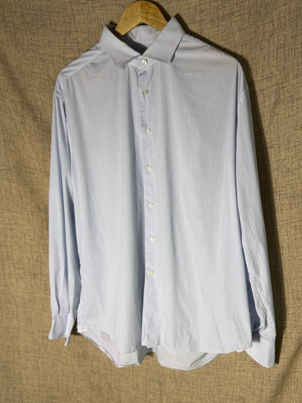 Xacus Milano Blue White Pinstripe Dress Shirt Men's Button Front Italian Cotton
